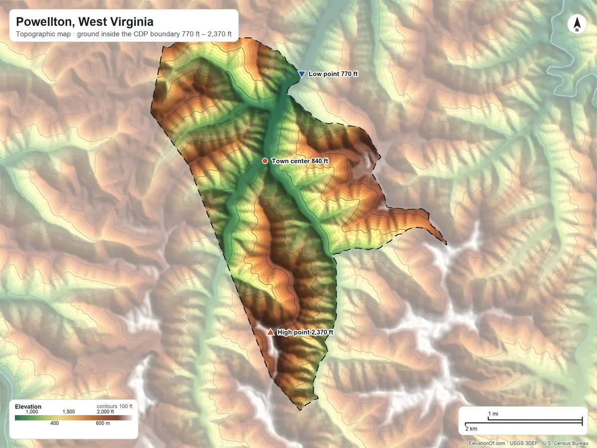 Topographic elevation map of Powellton, West Virginia, shaded from 770 ft on the northeast side to 2,370 ft on the south side