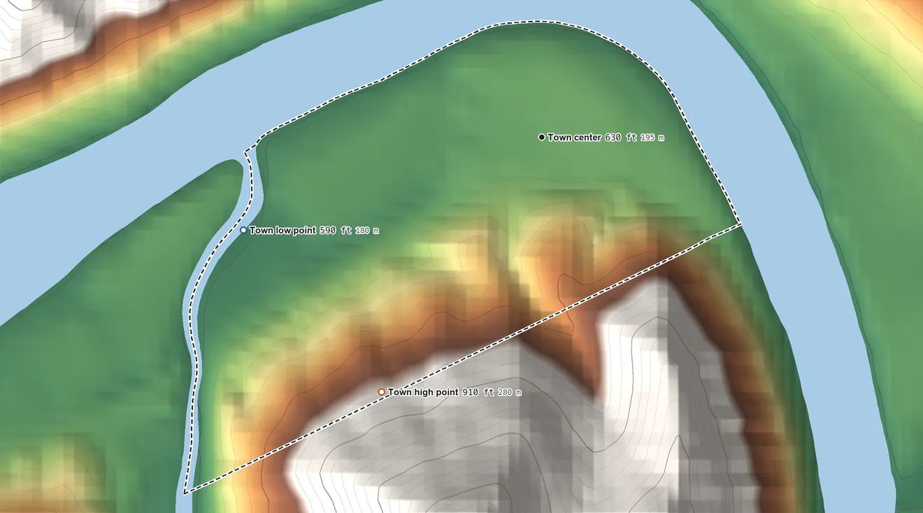 Topographic elevation map of Pratt, West Virginia, shaded from 590 ft on the west side to 910 ft on the southwest edge, below higher ground just outside