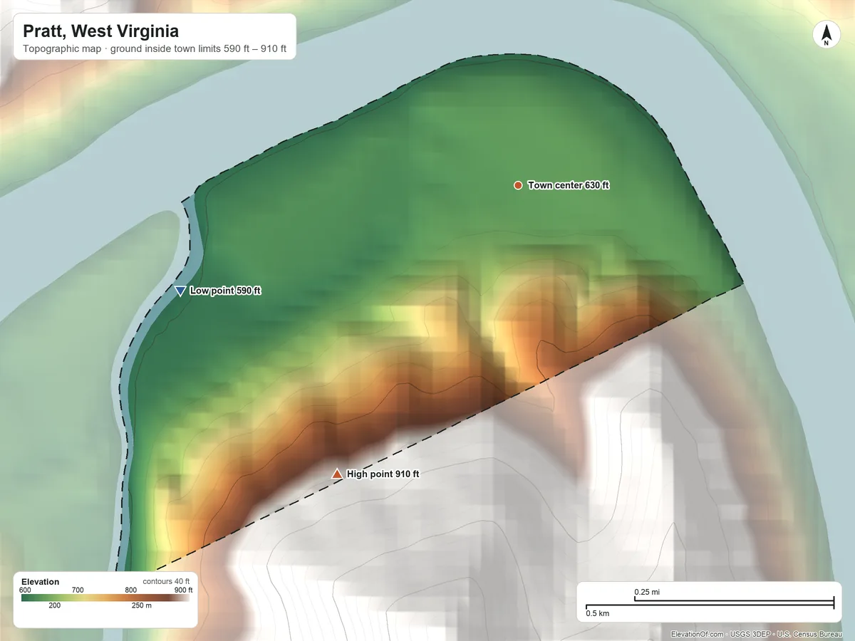 Topographic elevation map of Pratt, West Virginia, shaded from 590 ft on the west side to 910 ft on the southwest edge, below higher ground just outside