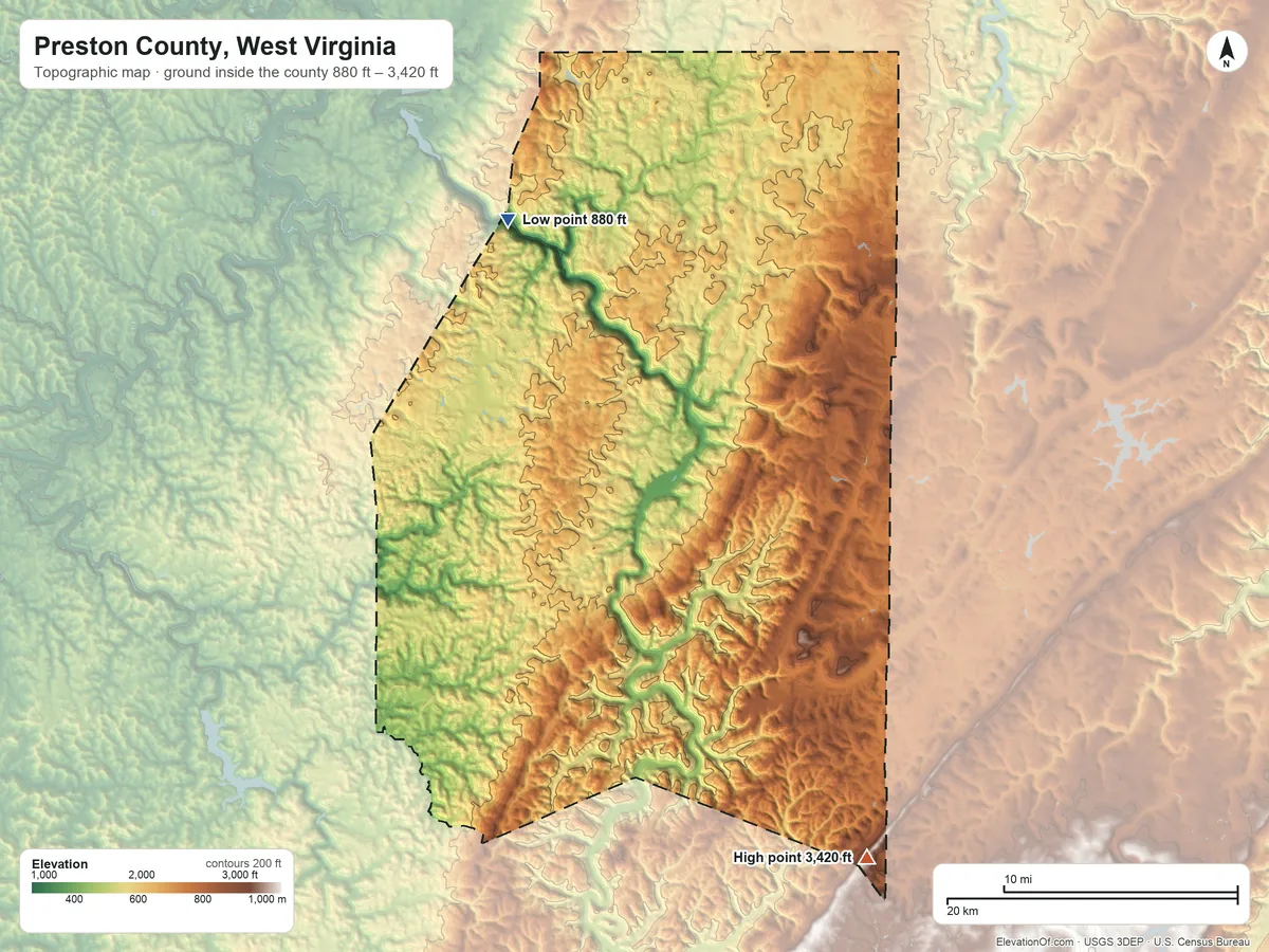 Topographic elevation map of Preston County, West Virginia, shaded from 880 ft on the northwest side to 3,420 ft on the southeast side