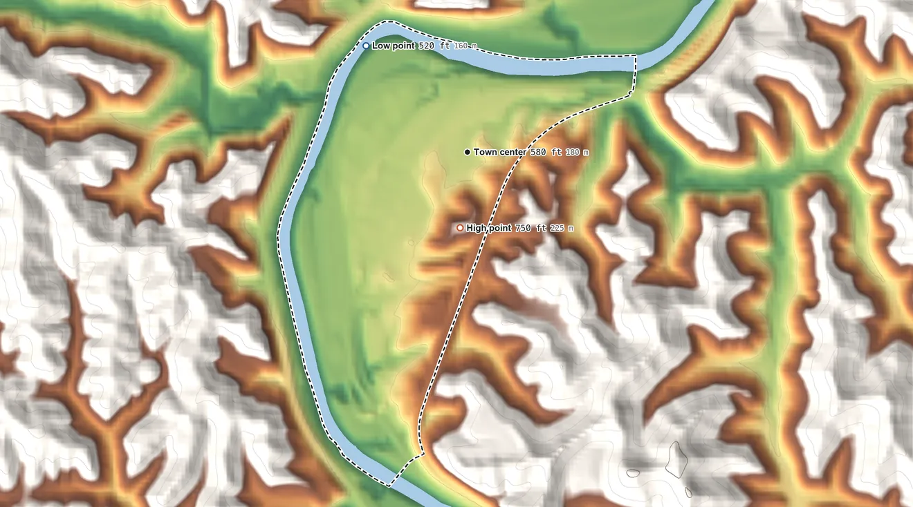 Topographic elevation map of Prichard, West Virginia, shaded from 520 ft on the northwest side to 750 ft on the south side