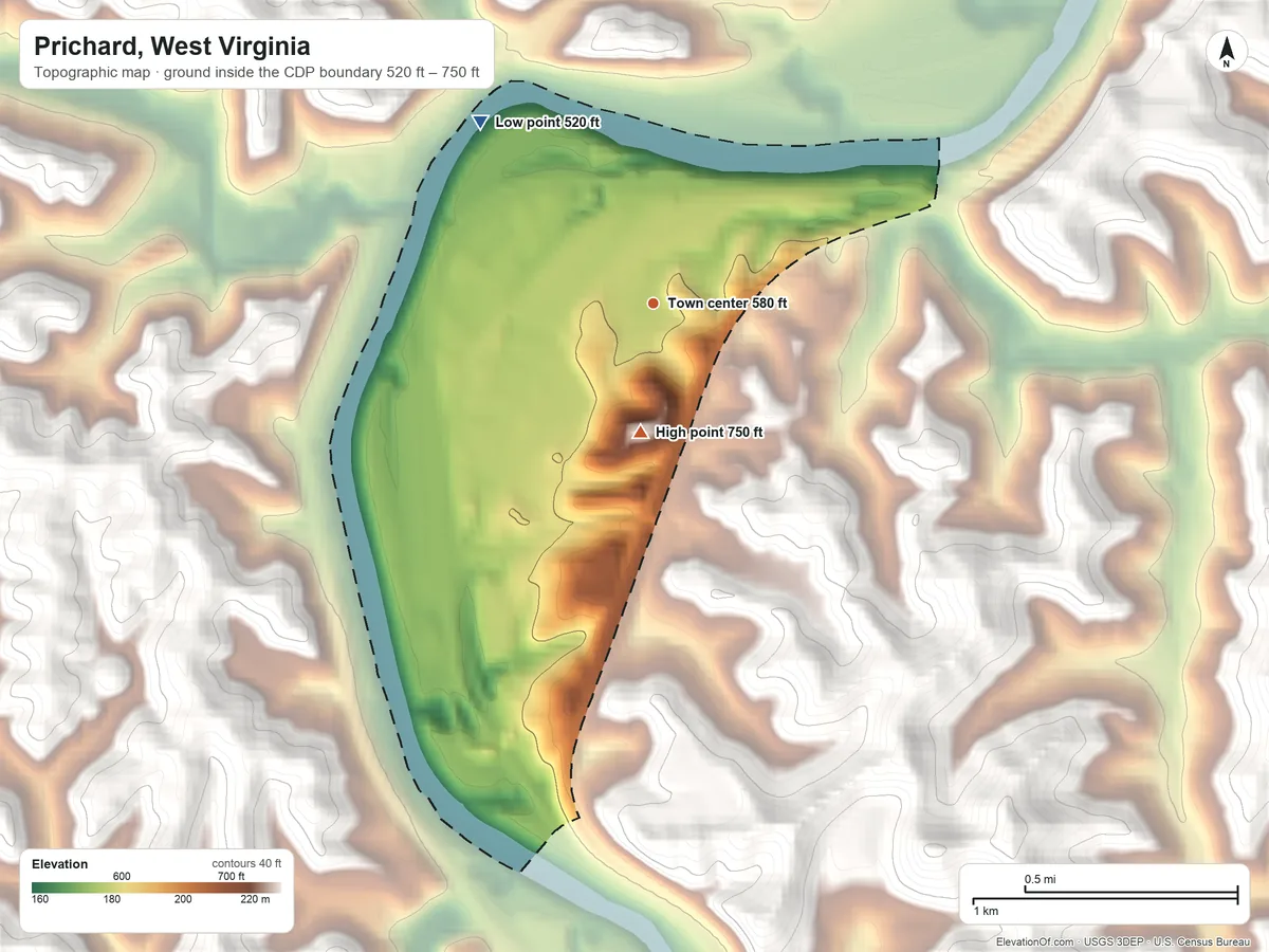 Topographic elevation map of Prichard, West Virginia, shaded from 520 ft on the northwest side to 750 ft on the south side