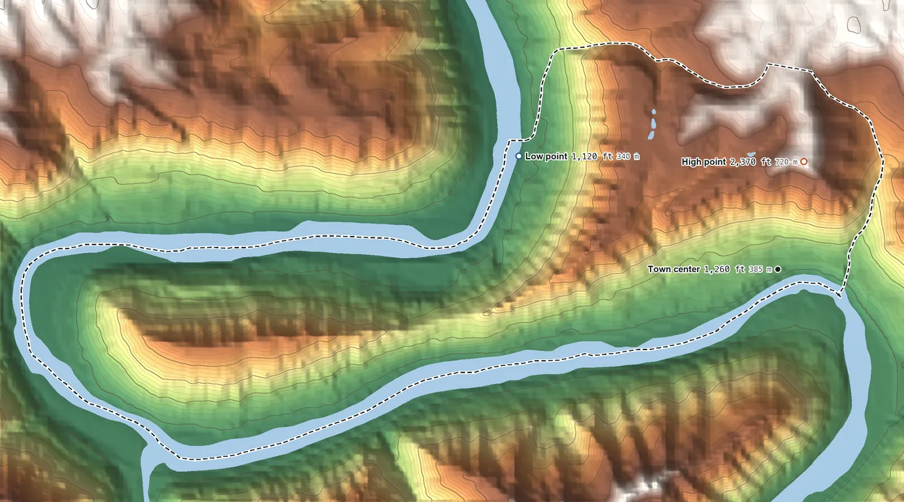Topographic elevation map of Prince, West Virginia, shaded from 1,120 ft on the northwest side to 2,370 ft on the north side