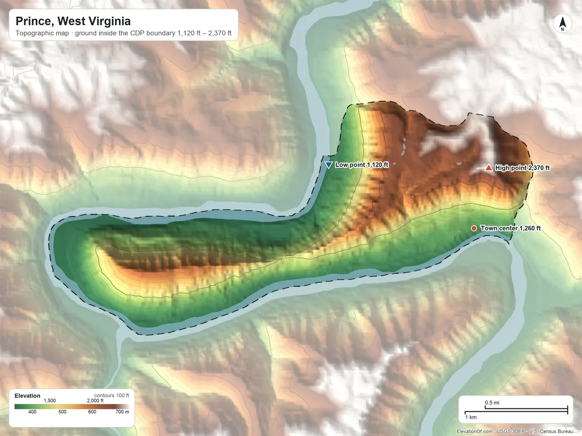 Topographic elevation map of Prince, West Virginia, shaded from 1,120 ft on the northwest side to 2,370 ft on the north side