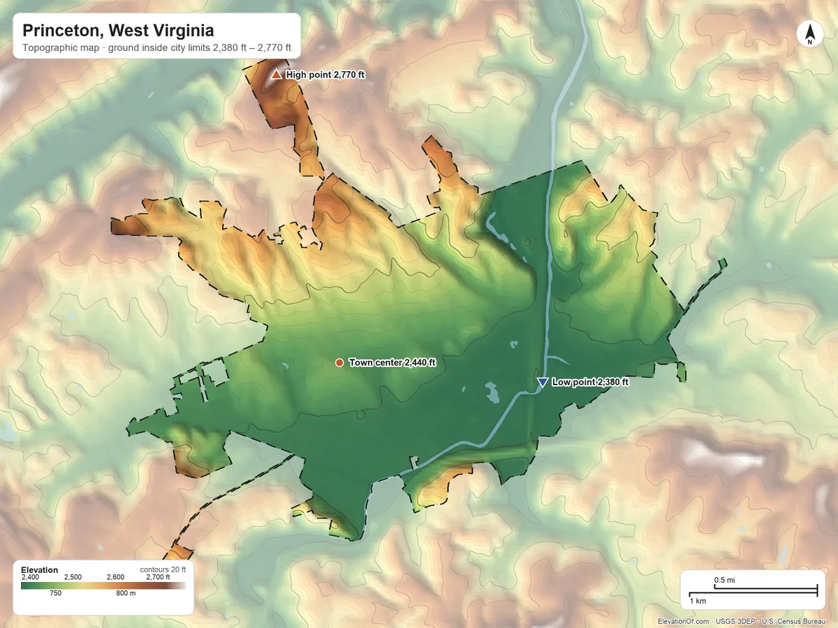 Topographic elevation map of Princeton, West Virginia, shaded from 2,380 ft on the east side to 2,770 ft on the north side
