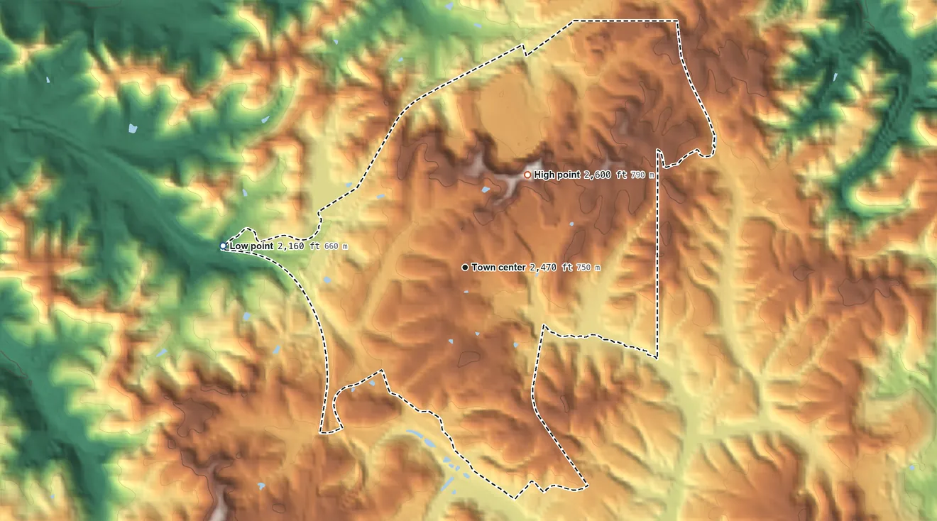Topographic elevation map of Prosperity, West Virginia, shaded from 2,160 ft on the west side to 2,600 ft on the northeast side