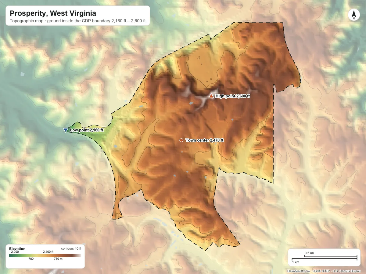 Topographic elevation map of Prosperity, West Virginia, shaded from 2,160 ft on the west side to 2,600 ft on the northeast side