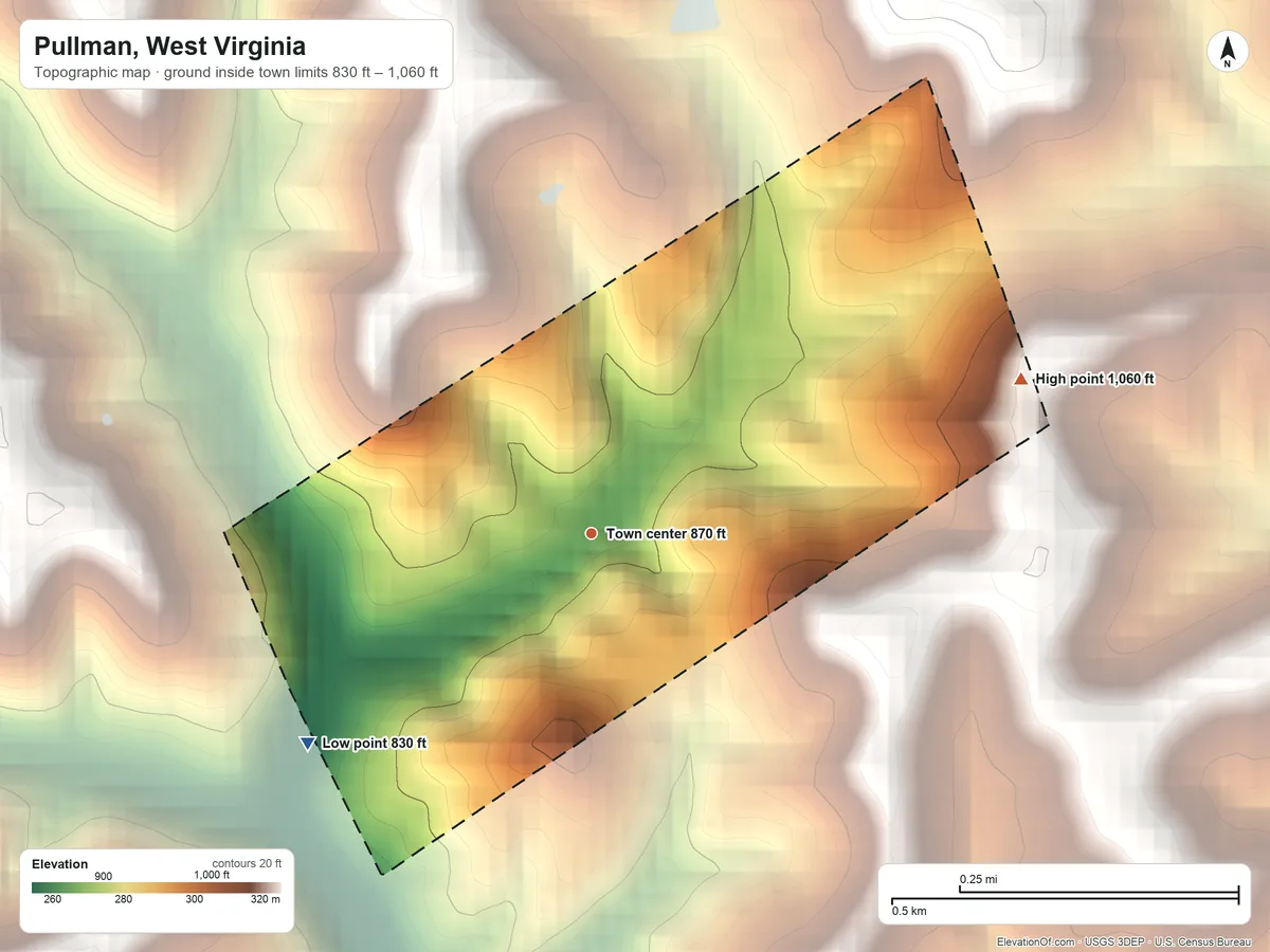 Topographic elevation map of Pullman, West Virginia, shaded from 830 ft on the southwest side to 1,060 ft on the east side