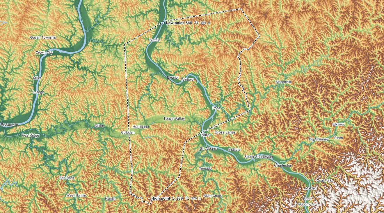 Topographic elevation map of Putnam County, West Virginia, shaded from 540 ft on the north side to 1,220 ft on the southwest side