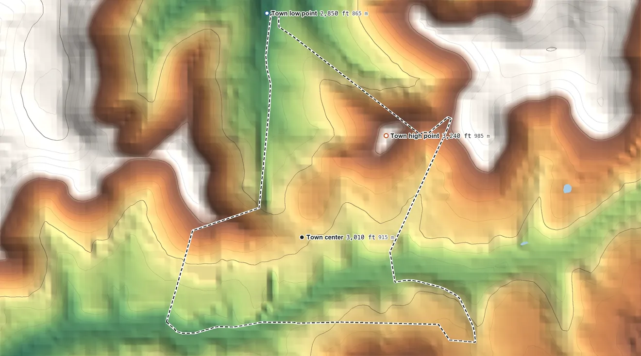 Topographic elevation map of Quinwood, West Virginia, shaded from 2,850 ft on the north side to 3,240 ft on the northeast edge, below higher ground just outside