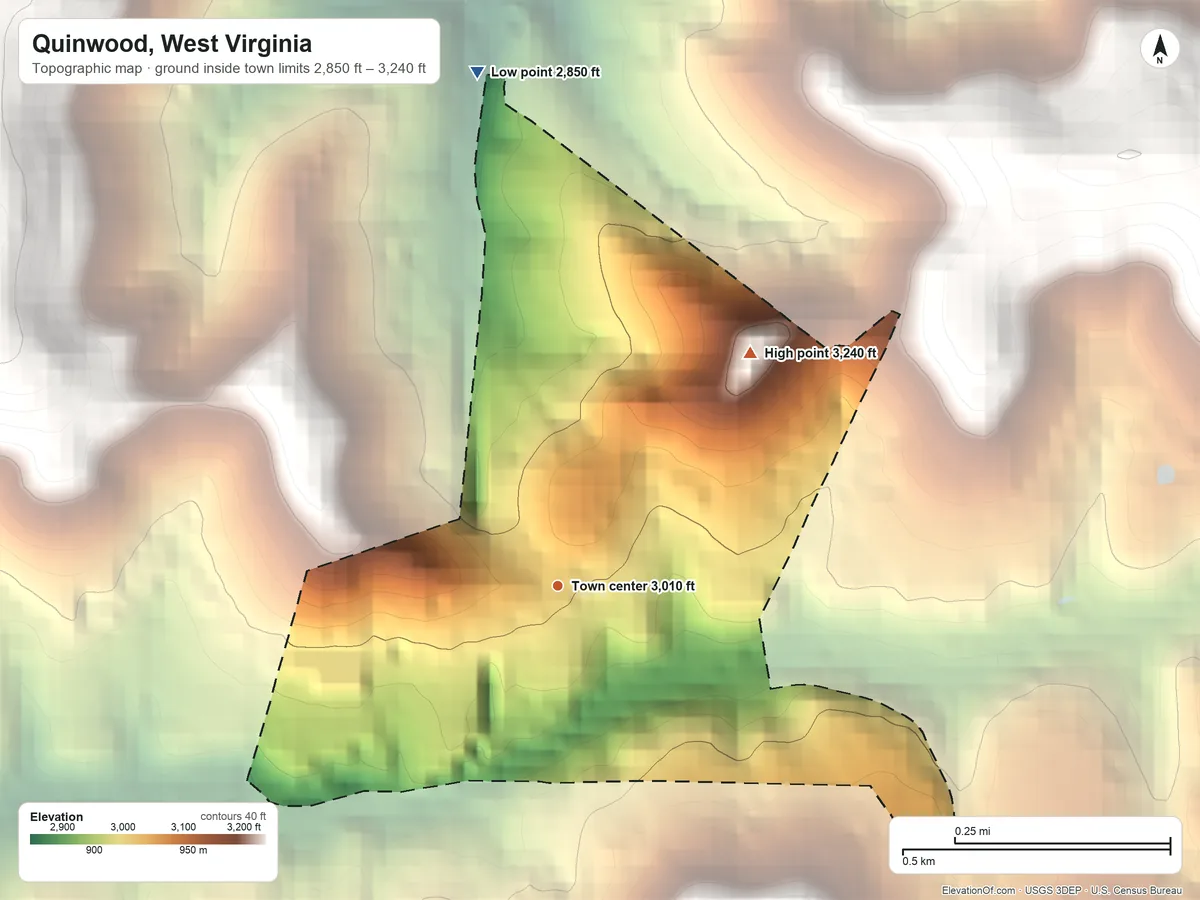 Topographic elevation map of Quinwood, West Virginia, shaded from 2,850 ft on the north side to 3,240 ft on the northeast edge, below higher ground just outside