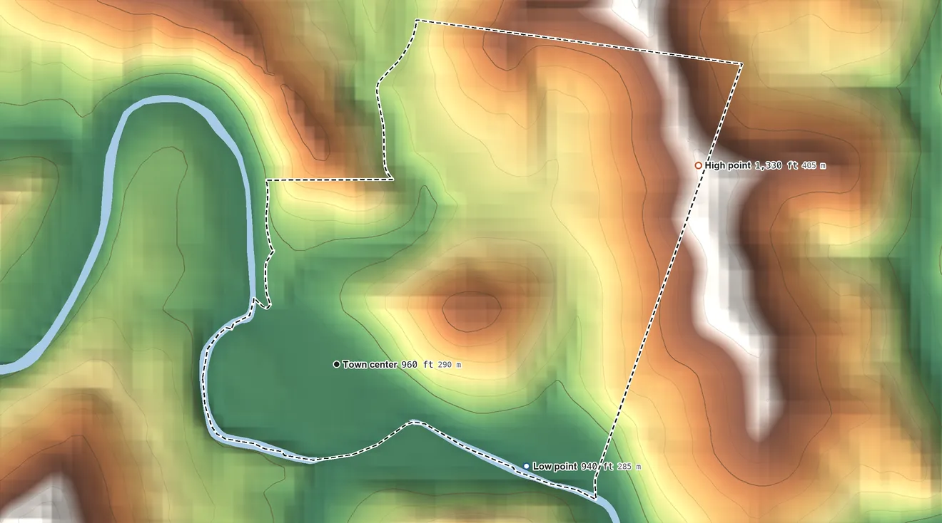 Topographic elevation map of Rachel, West Virginia, shaded from 940 ft on the southeast side to 1,330 ft on the northeast side