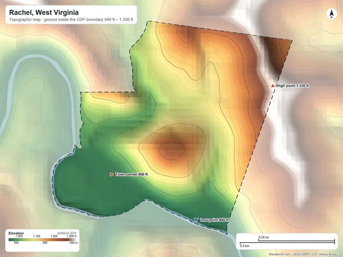 Topographic elevation map of Rachel, West Virginia, shaded from 940 ft on the southeast side to 1,330 ft on the northeast side