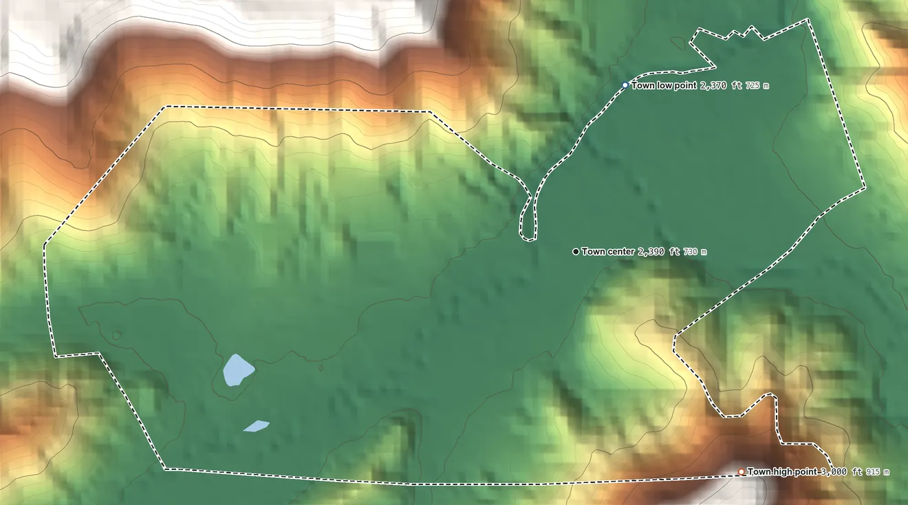 Topographic elevation map of Rainelle, West Virginia, shaded from 2,370 ft on the north side to 3,000 ft on the southeast edge, below higher ground just outside