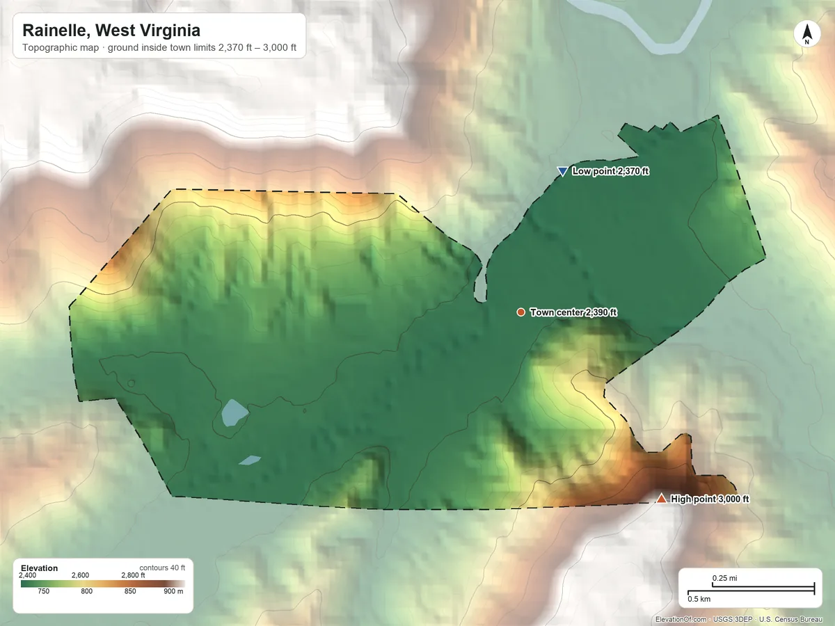 Topographic elevation map of Rainelle, West Virginia, shaded from 2,370 ft on the north side to 3,000 ft on the southeast edge, below higher ground just outside