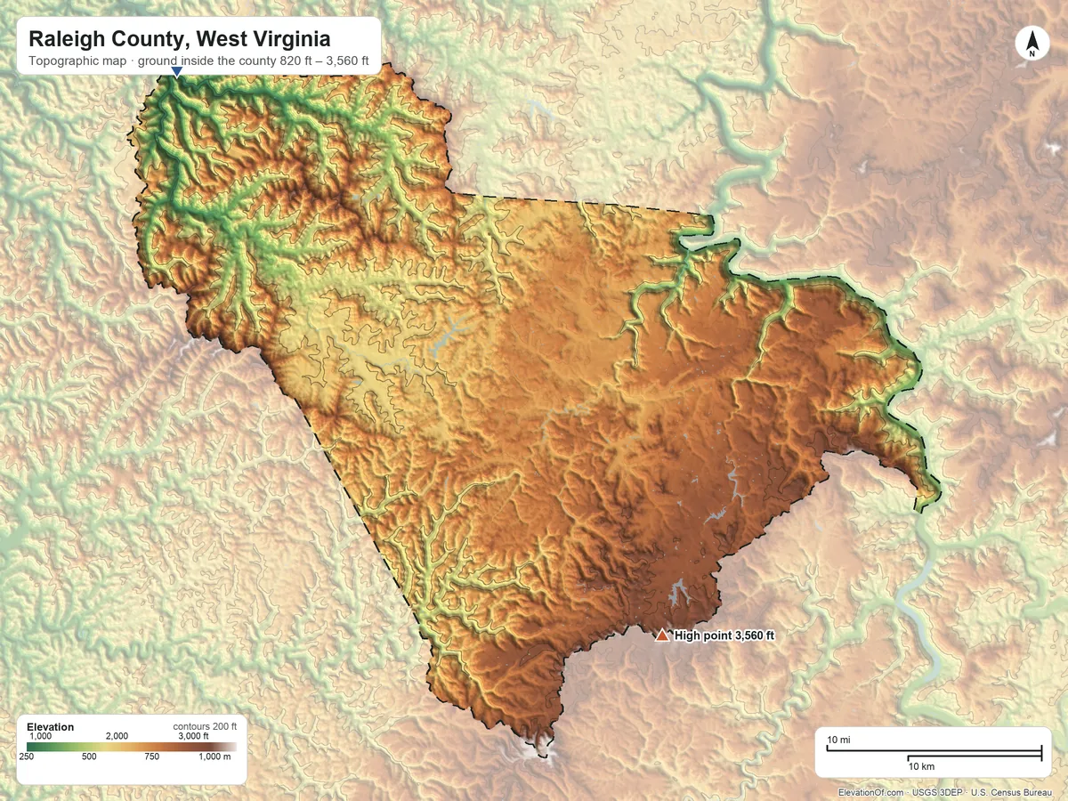 Topographic elevation map of Raleigh County, West Virginia, shaded from 820 ft on the northwest side to 3,560 ft on the southeast side