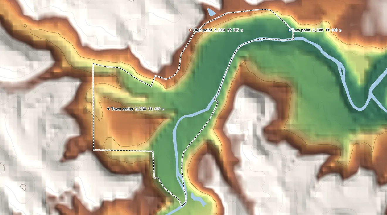 Topographic elevation map of Raleigh, West Virginia, shaded from 2,100 ft on the northeast side to 2,310 ft at the foot of the Guyandotte Mountain