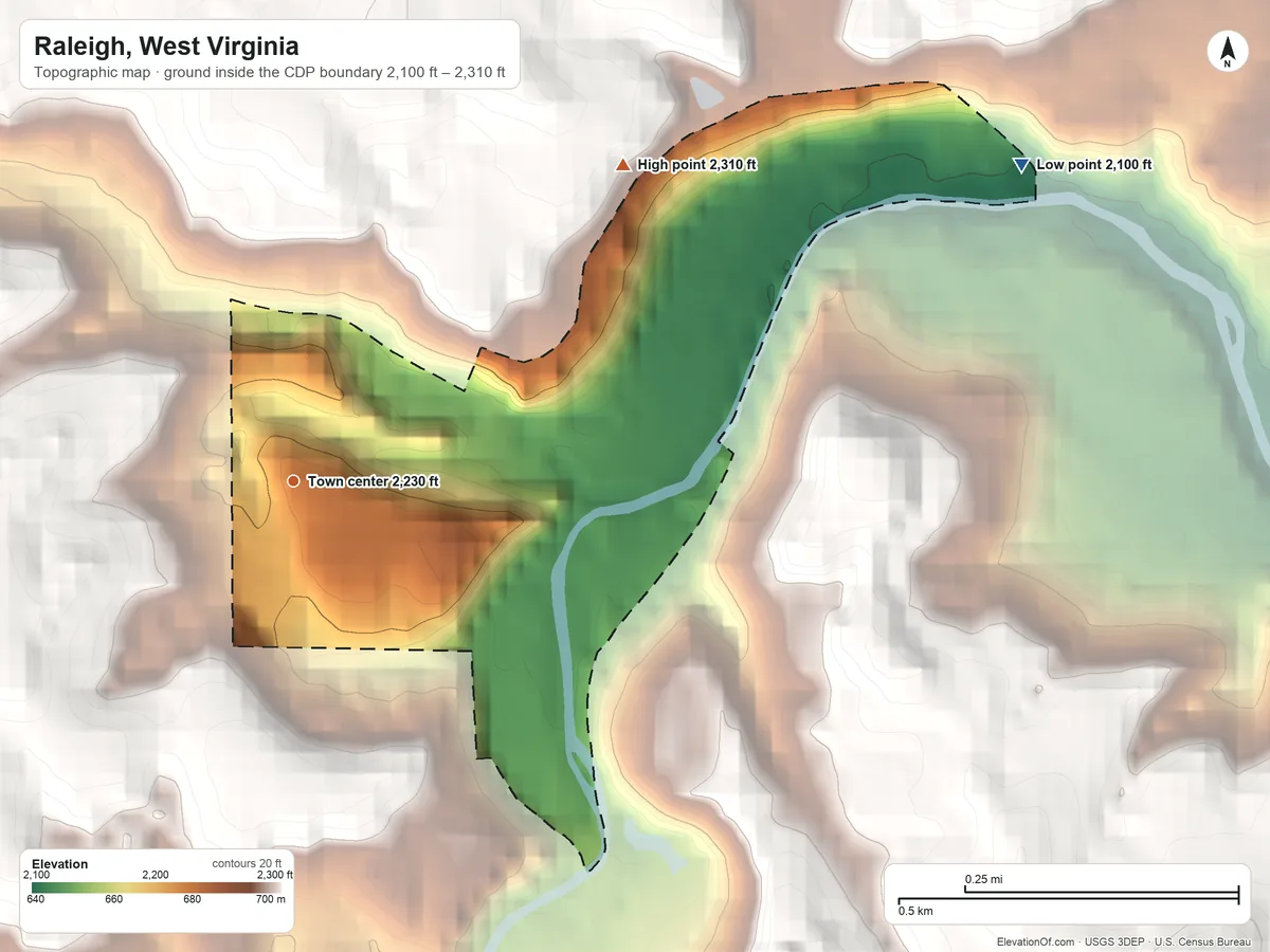 Topographic elevation map of Raleigh, West Virginia, shaded from 2,100 ft on the northeast side to 2,310 ft at the foot of the Guyandotte Mountain