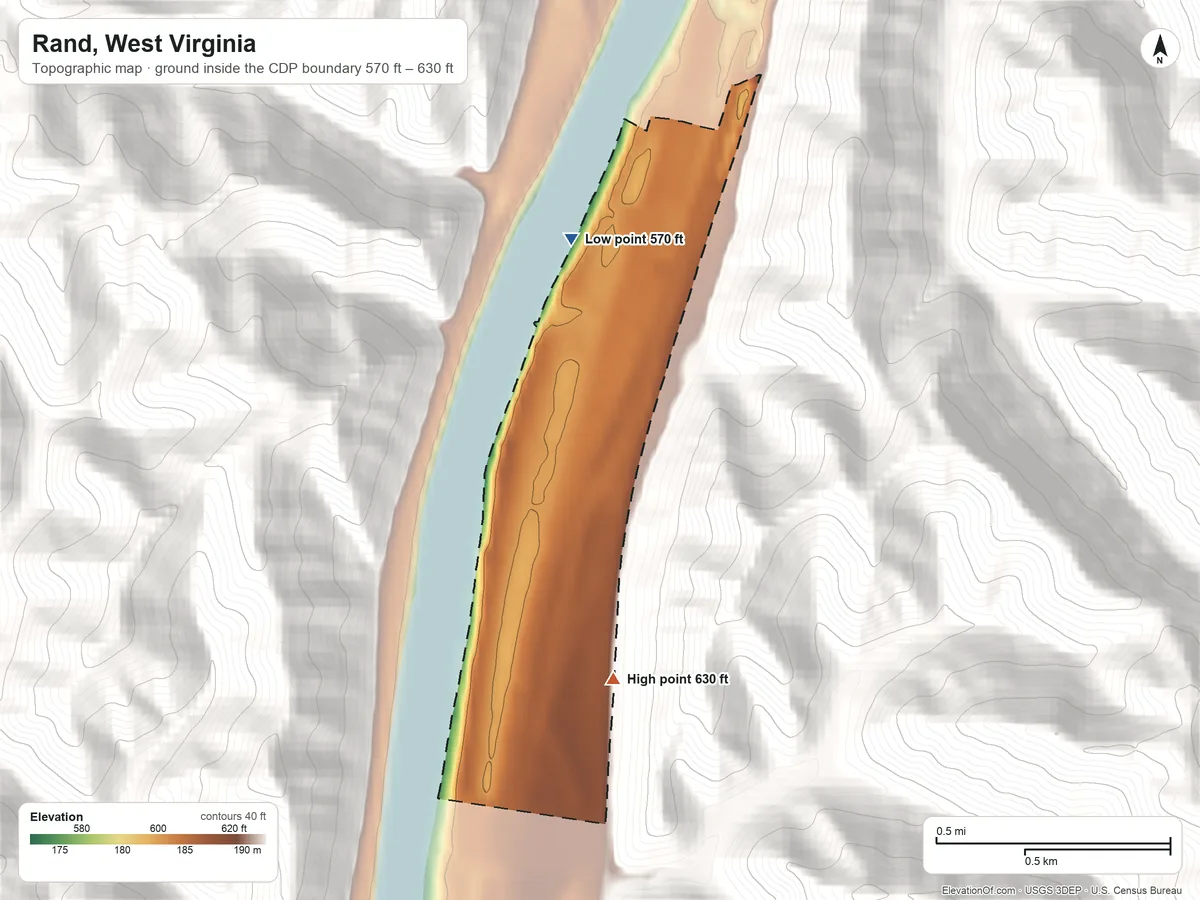 Topographic elevation map of Rand, West Virginia, shaded from 570 ft on the north side to 630 ft on the southeast edge, below higher ground just outside