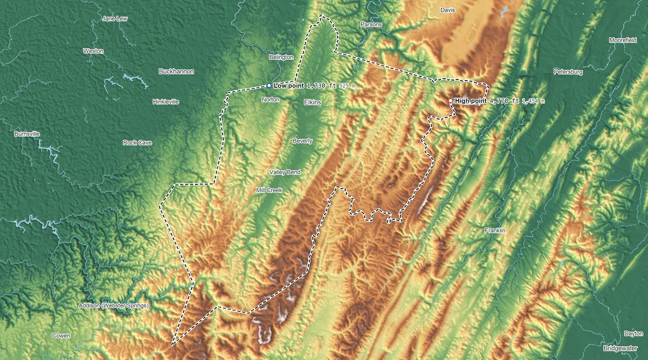Topographic elevation map of Randolph County, West Virginia, shaded from 1,730 ft on the northwest side to 4,770 ft on Mount Porte Crayon