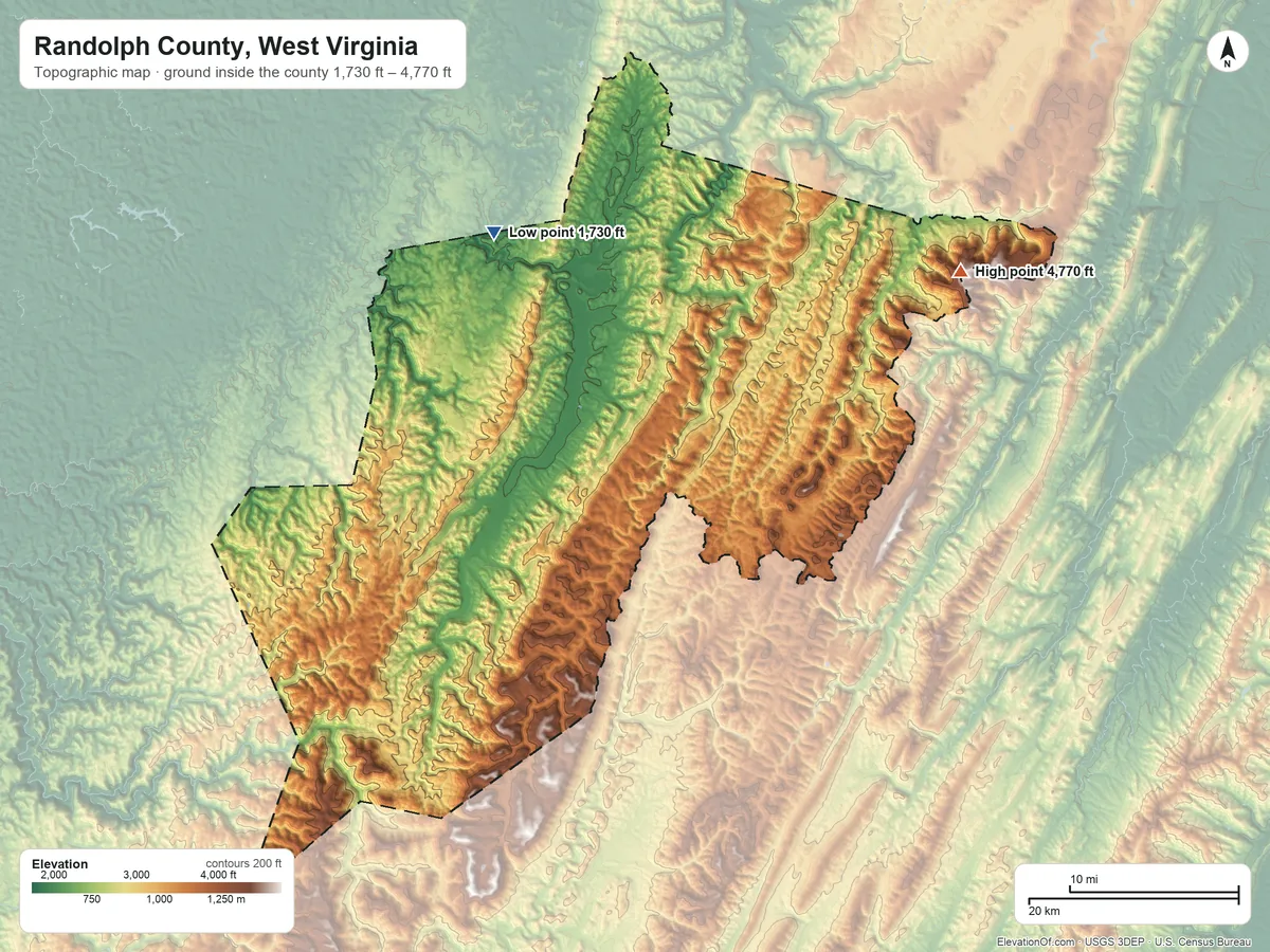 Topographic elevation map of Randolph County, West Virginia, shaded from 1,730 ft on the northwest side to 4,770 ft on Mount Porte Crayon