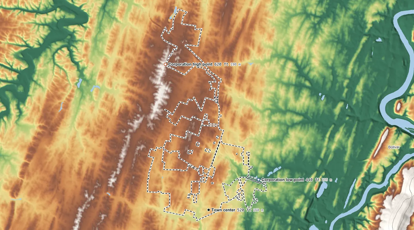 Topographic elevation map of Ranson, West Virginia, shaded from 440 ft on the northeast side to 620 ft on the north side