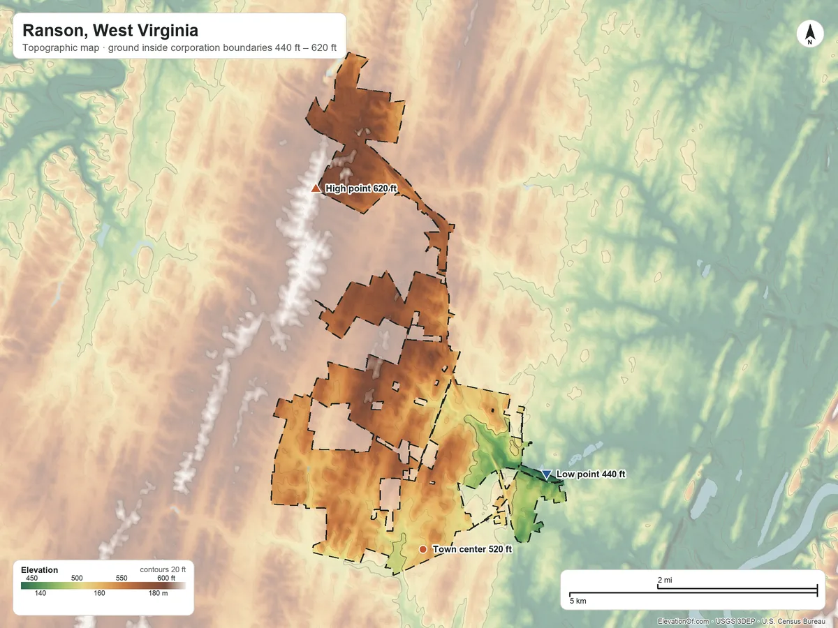 Topographic elevation map of Ranson, West Virginia, shaded from 440 ft on the northeast side to 620 ft on the north side