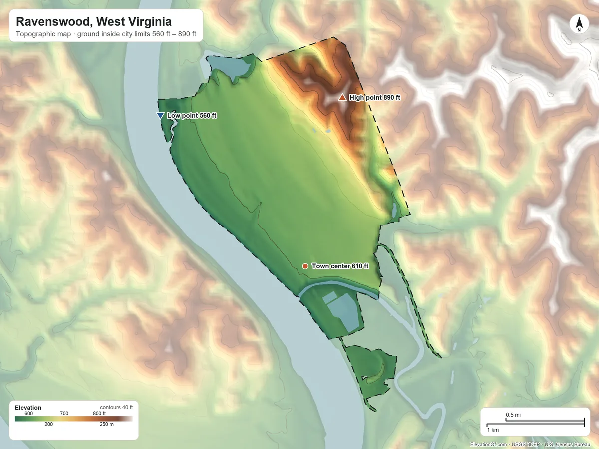 Topographic elevation map of Ravenswood, West Virginia, shaded from 560 ft on the northwest side to 890 ft on the north side