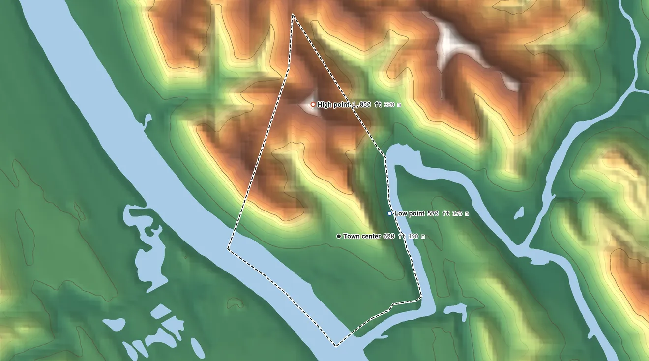 Topographic elevation map of Raymond City, West Virginia, shaded from 570 ft on the northeast side to 1,050 ft on the north side