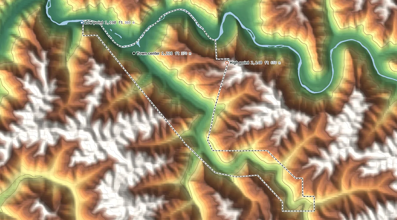 Topographic elevation map of Raysal, West Virginia, shaded from 1,190 ft on the northwest side to 2,140 ft on the east side