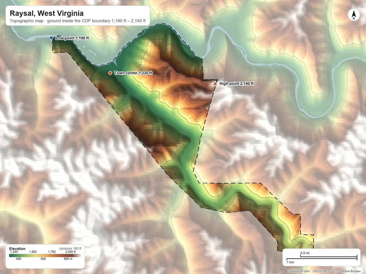 Topographic elevation map of Raysal, West Virginia, shaded from 1,190 ft on the northwest side to 2,140 ft on the east side