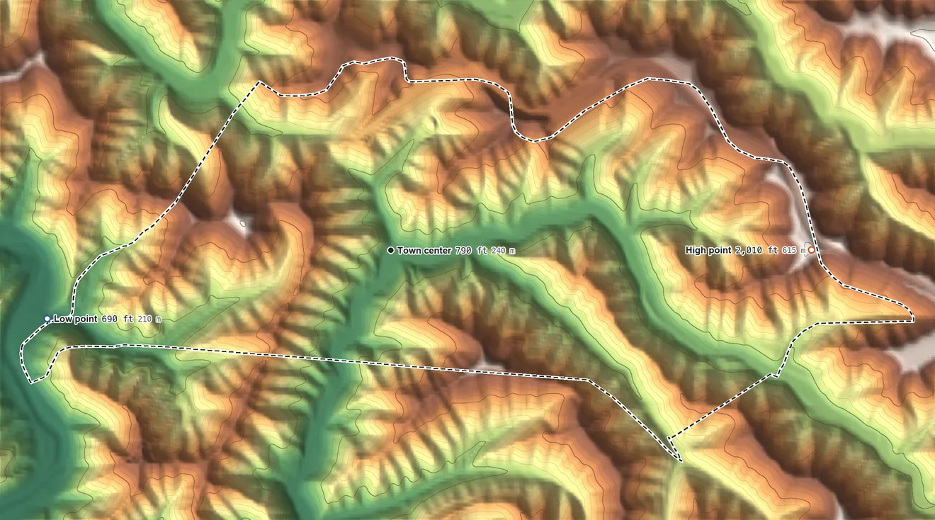 Topographic elevation map of Red Jacket, West Virginia, shaded from 690 ft on the west side to 2,010 ft on the east side