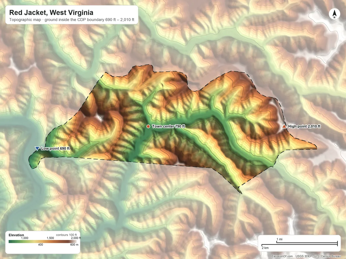 Topographic elevation map of Red Jacket, West Virginia, shaded from 690 ft on the west side to 2,010 ft on the east side