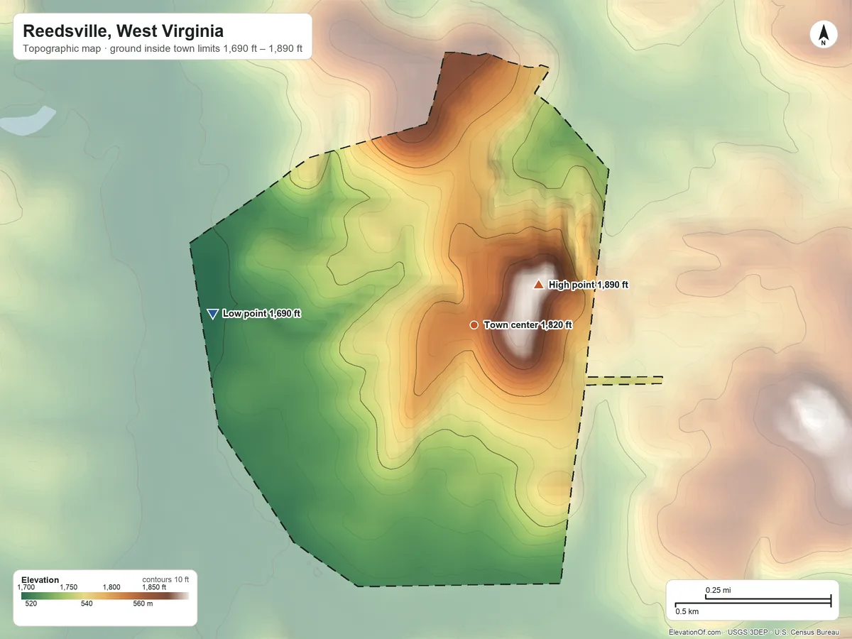 Topographic elevation map of Reedsville, West Virginia, shaded from 1,690 ft on the west side to 1,890 ft at the foot of the Briery Mountains