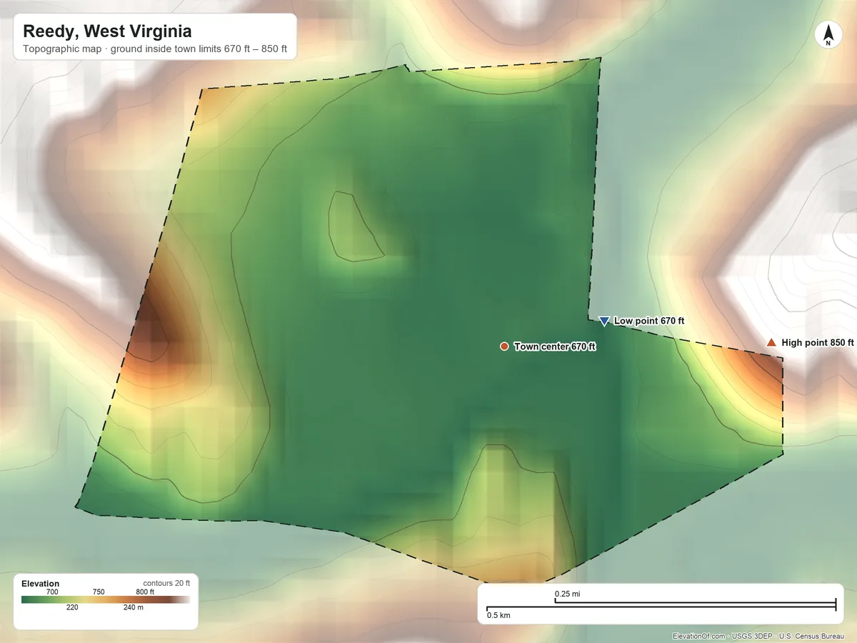 Topographic elevation map of Reedy, West Virginia, shaded from 670 ft on the east side to 850 ft on the east side