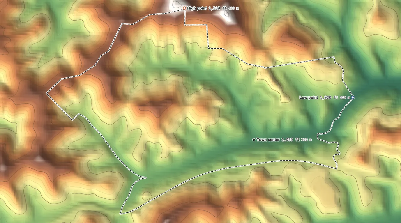 Topographic elevation map of Reynoldsville, West Virginia, shaded from 1,020 ft on the northeast side to 1,580 ft on the northwest side