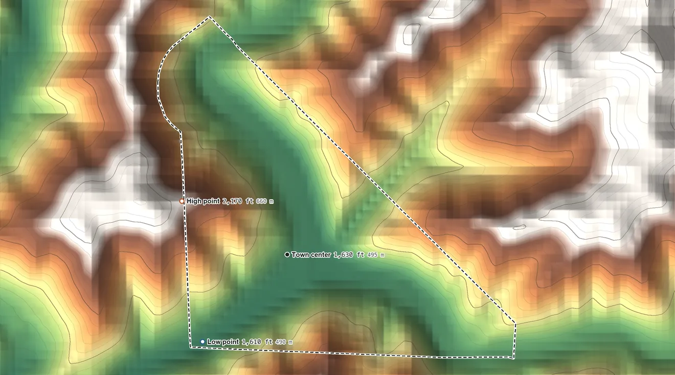 Topographic elevation map of Rhodell, West Virginia, shaded from 1,610 ft on the southwest side to 2,170 ft on the northwest side