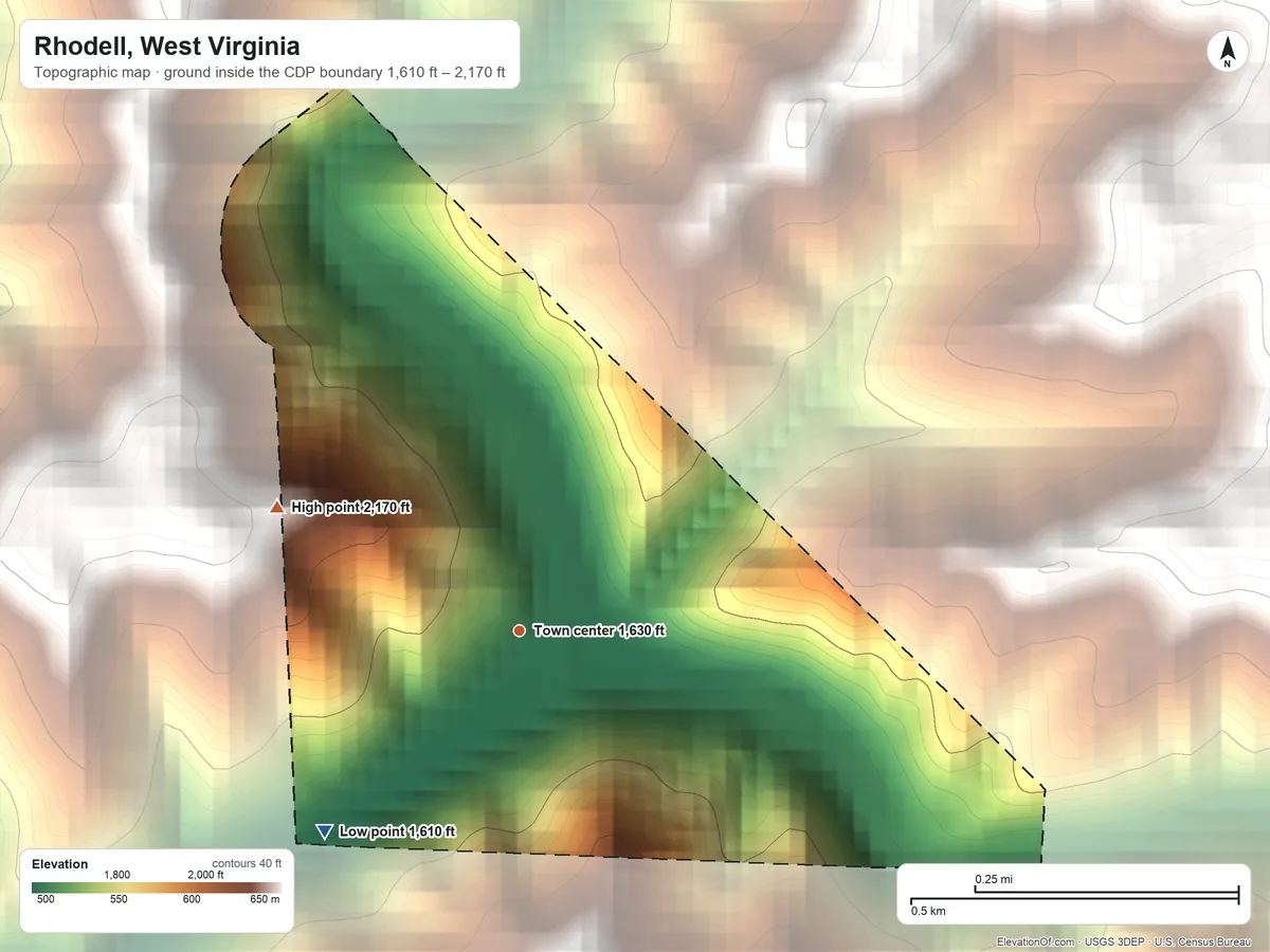Topographic elevation map of Rhodell, West Virginia, shaded from 1,610 ft on the southwest side to 2,170 ft on the northwest side