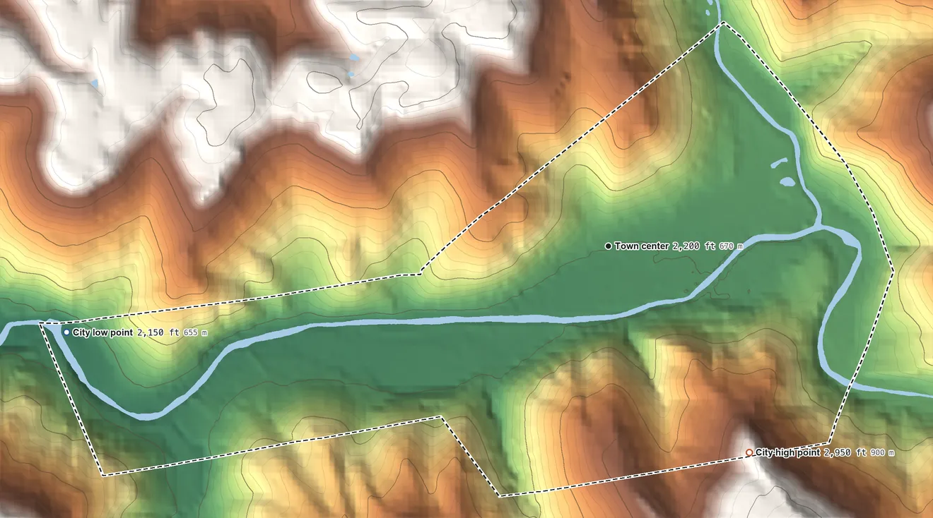Topographic elevation map of Richwood, West Virginia, shaded from 2,150 ft on the west side to 2,950 ft on the southeast edge, below higher ground just outside