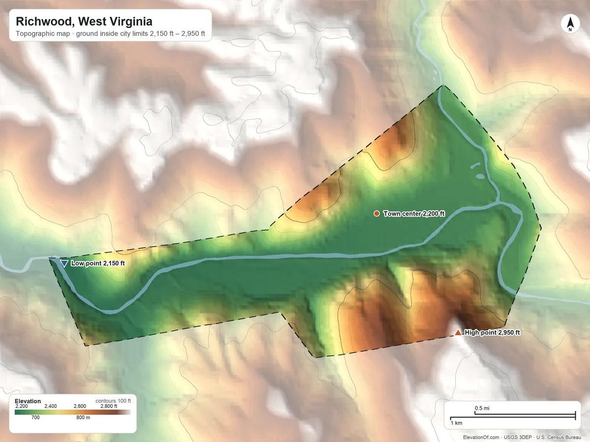 Topographic elevation map of Richwood, West Virginia, shaded from 2,150 ft on the west side to 2,950 ft on the southeast edge, below higher ground just outside