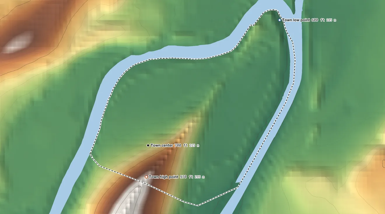 Topographic elevation map of Ridgeley, West Virginia, shaded from 600 ft on the northeast side to 970 ft on the south edge, below higher ground just outside