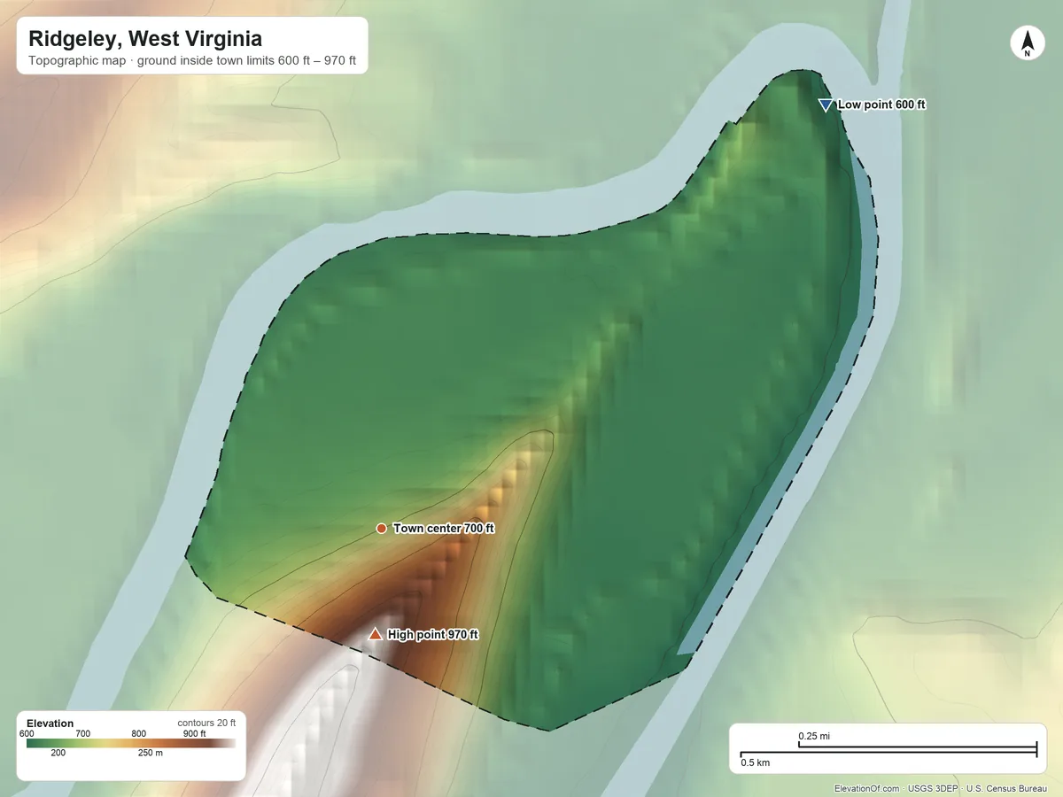 Topographic elevation map of Ridgeley, West Virginia, shaded from 600 ft on the northeast side to 970 ft on the south edge, below higher ground just outside
