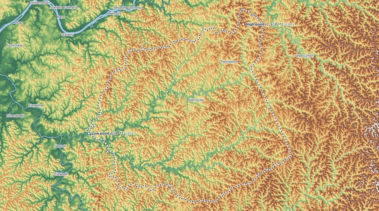 Topographic elevation map of Ritchie County, West Virginia, shaded from 610 ft on the west side to 1,410 ft on the northeast side