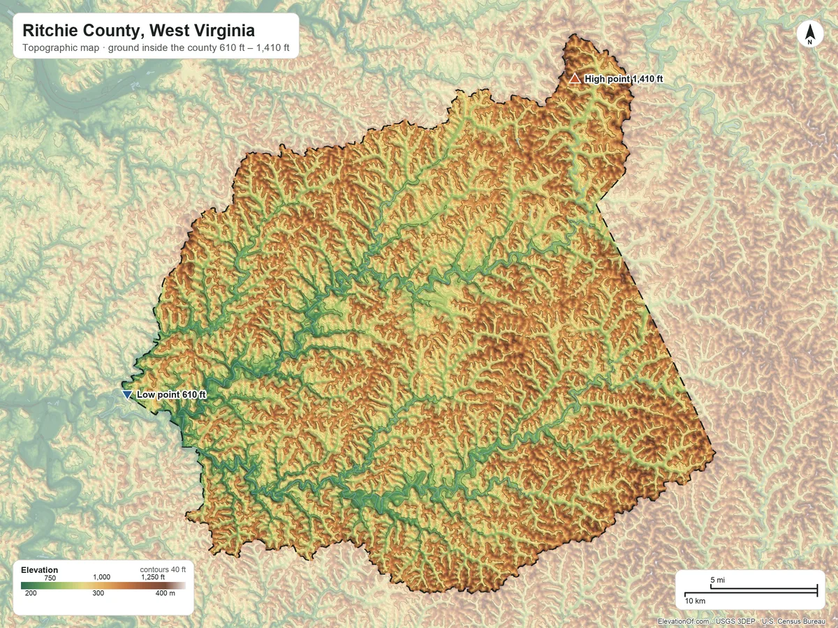 Topographic elevation map of Ritchie County, West Virginia, shaded from 610 ft on the west side to 1,410 ft on the northeast side