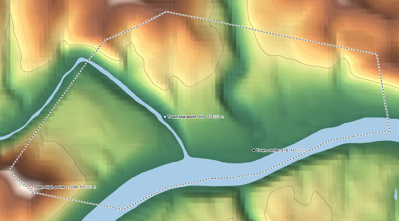 Topographic elevation map of Rivesville, West Virginia, shaded from 860 ft on the west side to 1,260 ft on the west side