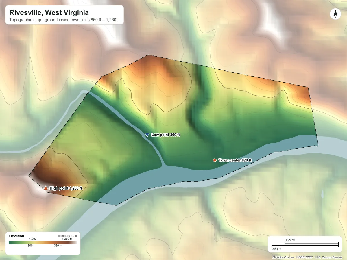 Topographic elevation map of Rivesville, West Virginia, shaded from 860 ft on the west side to 1,260 ft on the west side