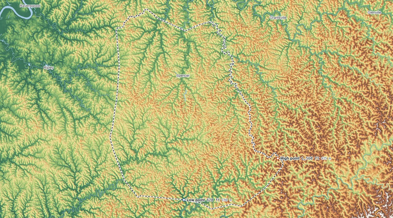 Topographic elevation map of Roane County, West Virginia, shaded from 620 ft on the south side to 1,560 ft on the southeast side