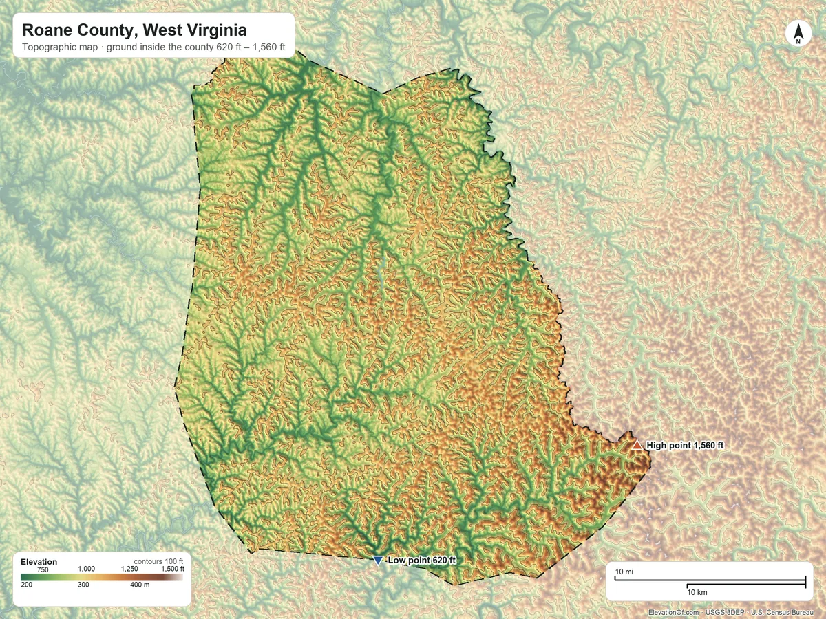 Topographic elevation map of Roane County, West Virginia, shaded from 620 ft on the south side to 1,560 ft on the southeast side