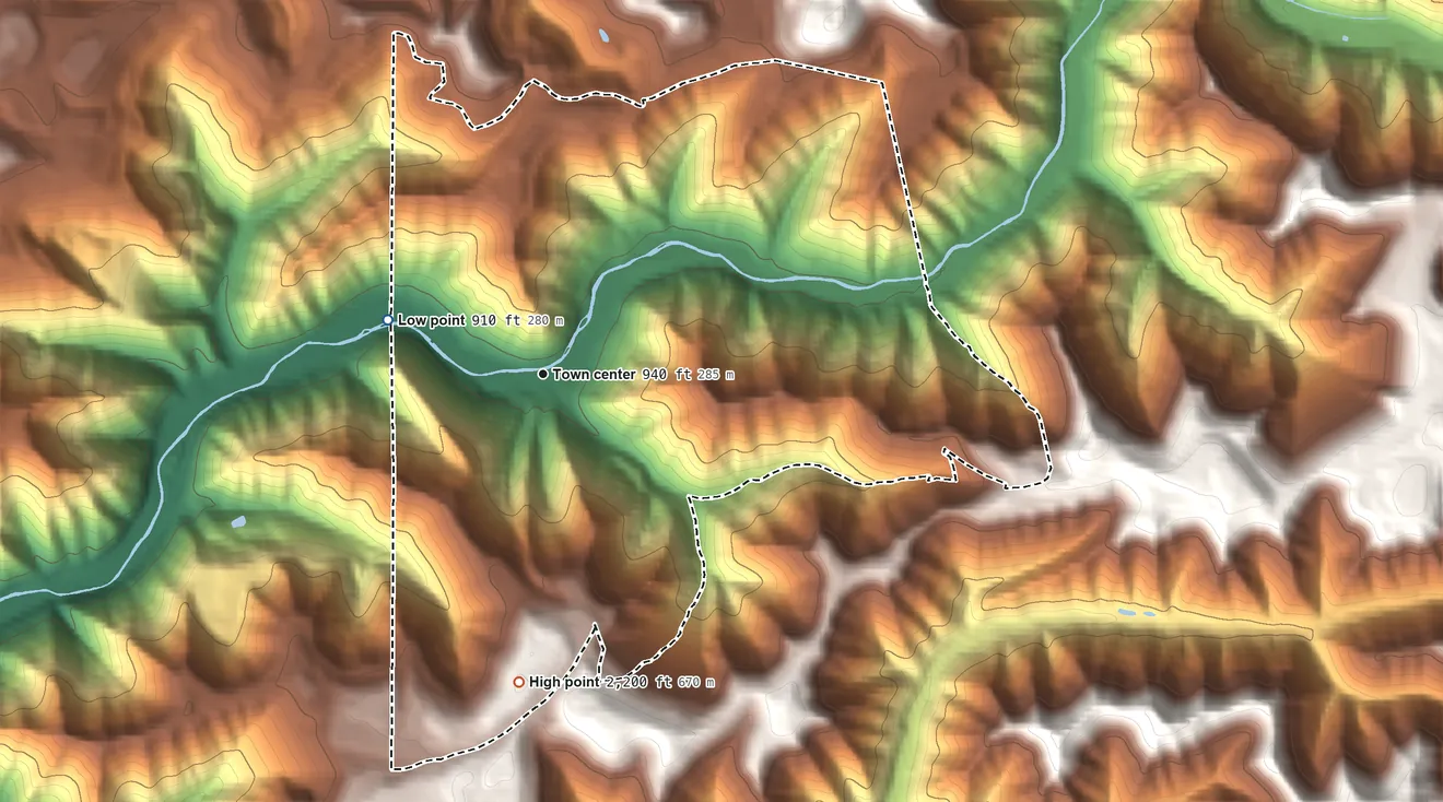 Topographic elevation map of Robinette, West Virginia, shaded from 910 ft on the west side to 2,200 ft on the south side