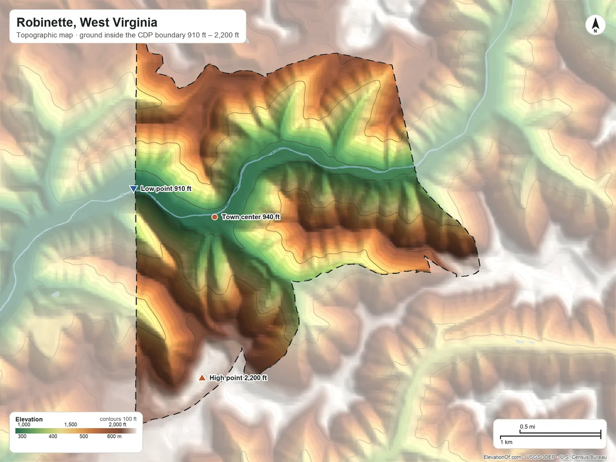 Topographic elevation map of Robinette, West Virginia, shaded from 910 ft on the west side to 2,200 ft on the south side